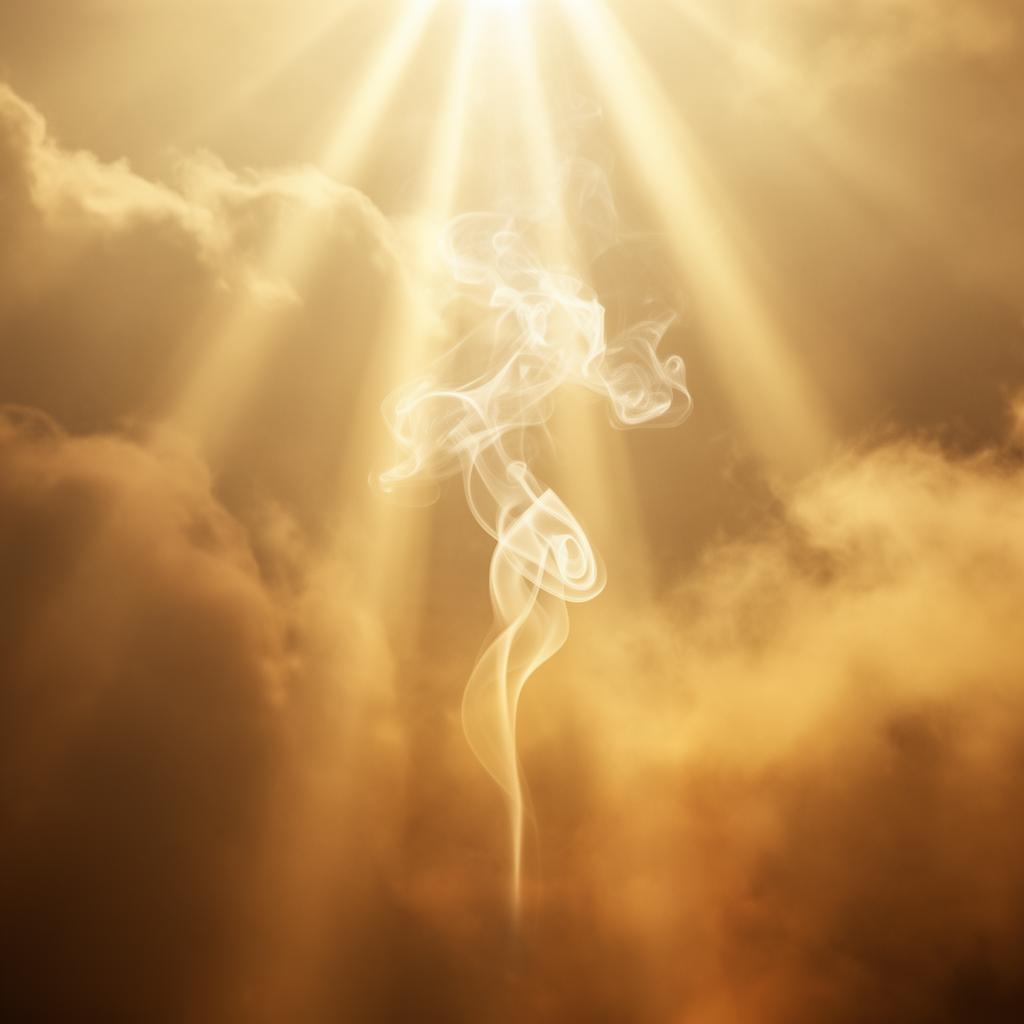 Practitioner in white robes bathed in golden light